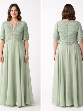 Vtg Victor Costa Beaded Gown Sage Green Pleated Chiffon Formal Maxi Size 16 READ